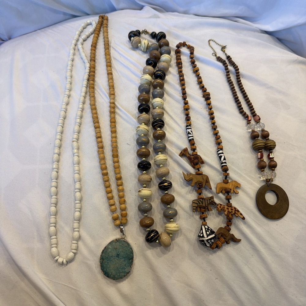 Lot of 5 Boho Statement Necklaces Wood Bead Druzy Pendant Chunky Artisan Jewelry